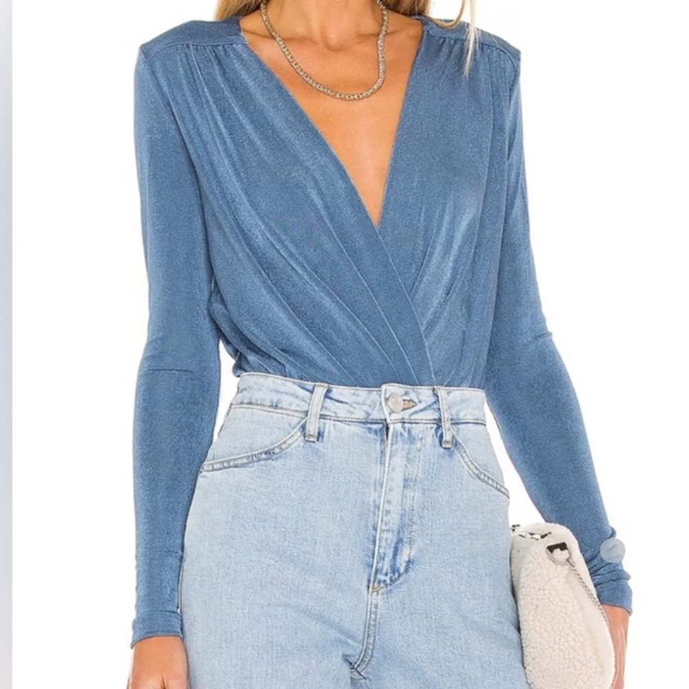 NWOT Free People Turnt Sheen Bodysuit in Blue Metal Long Sleeve Slinky Top Thong